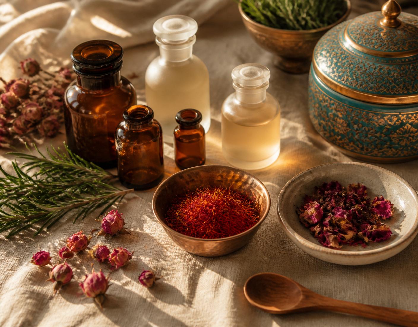 Apothecary still life with saffron, rosewater, and Persian ceramics