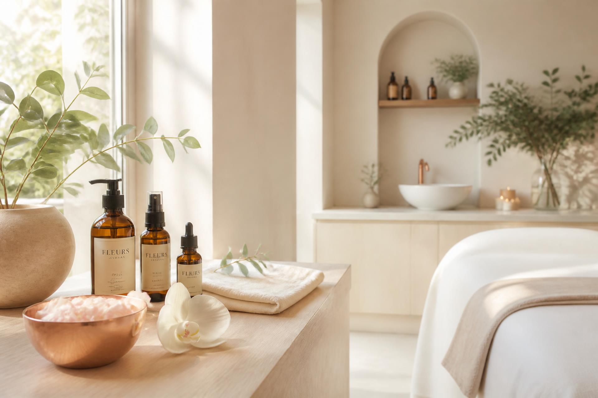 Serene treatment room in soft morning light with amber apothecary bottles, a copper bowl of rose petals, and fresh greenery